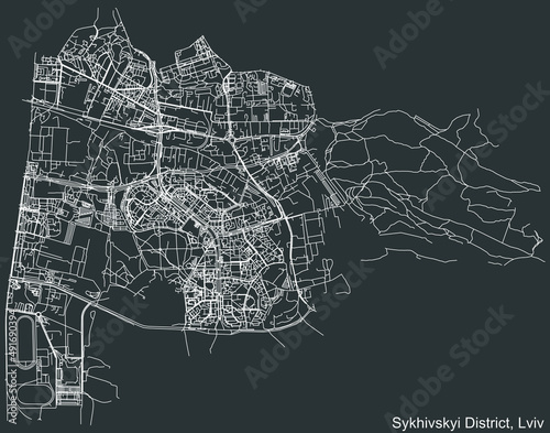 Detailed negative navigation white lines urban street roads map of the SYKHIV (SYKHIVSKYI) DISTRICT of the Ukrainian regional capital city Lviv, Ukraine on dark gray background