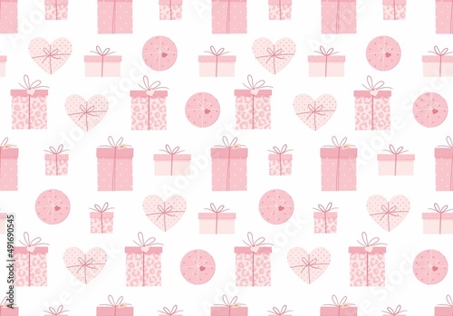 Pink gift box seamless pattern. Cute background. Happy valentines day