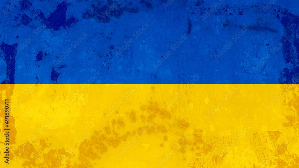 Ukrainian flag background - Old rustic damaged concrete stone wall texture background, painted in the colors of the flag of Ukraine