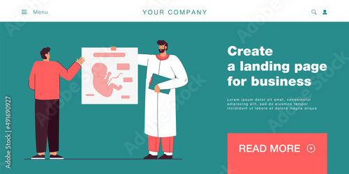 Male cartoon doctor showing student infographic with baby. Man learning about embryos flat vector illustration. Embryology, biology, fertilization concept for banner, website design or landing page