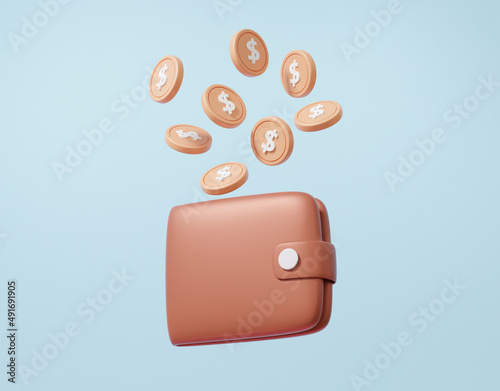 Cartoon minimal Coins money floating into wallet brown with Cashback concept. Finance saving online payment, investment profit, deposit, 3d render illustration