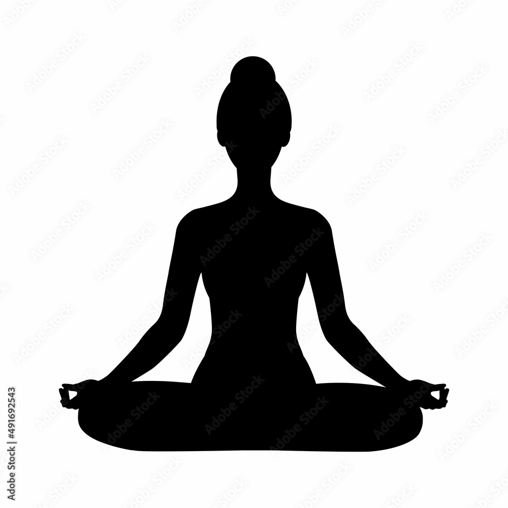 Yoga silhouette. Meditating woman in lotus position. Vector illustration isolated on white background.