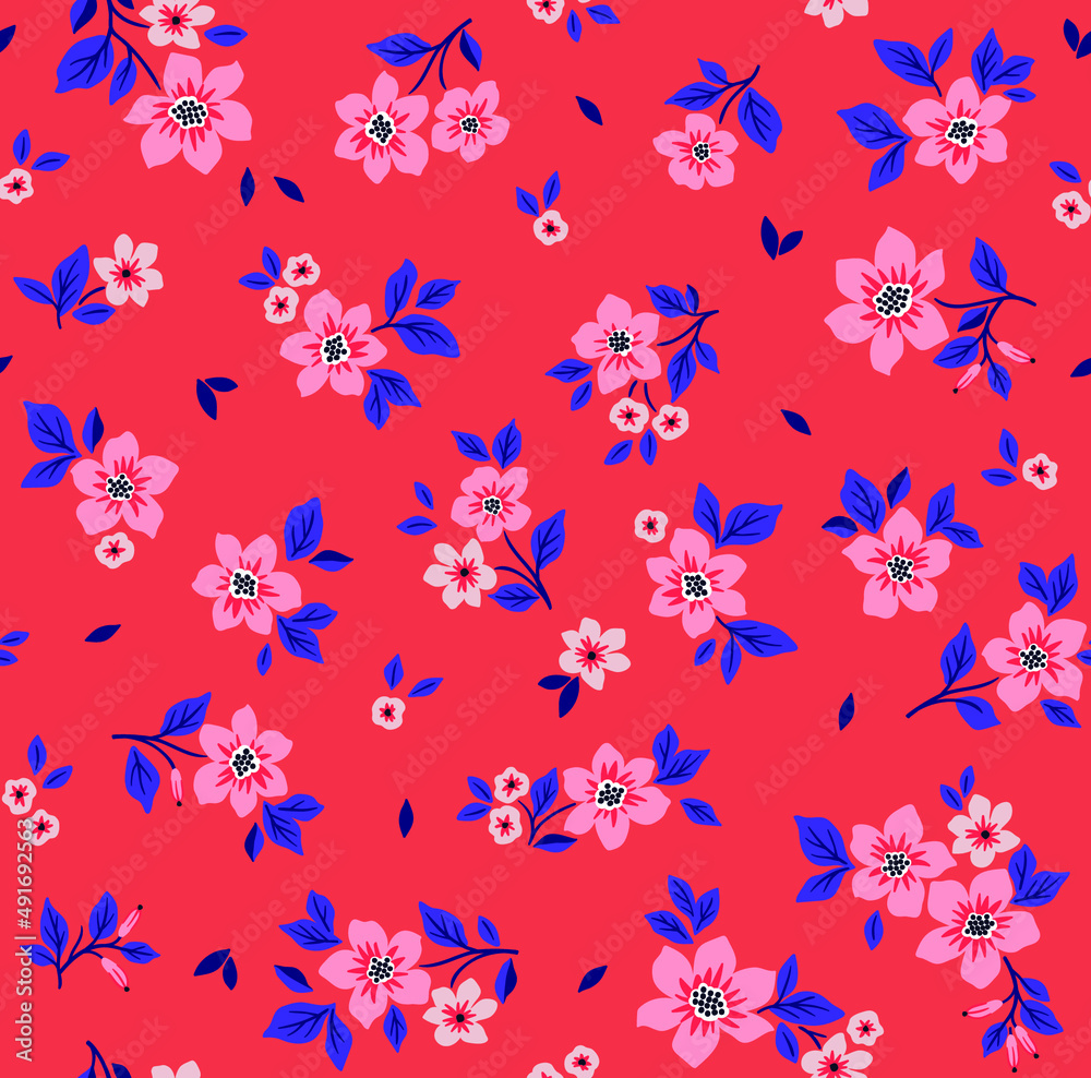 Beautiful floral pattern in small abstract flowers. Small light pink flowers. Red background. Ditsy print. Floral seamless background. The elegant the template for fashion prints. Stock pattern. Beautiful floral pattern in small abstract flowers. Small light pink flowers. Red background. Ditsy print. Floral seamless background. The elegant the template for fashion prints. Stock pattern.