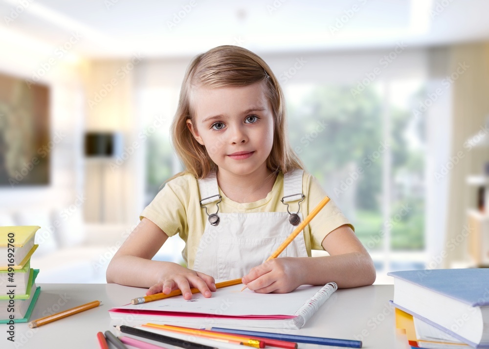 Smiling child school boy doing homework while sitting at desk at home, handwriting in notebook, learning to write in exercise book Smiling child school boy doing homework while sitting at desk at home, handwriting in notebook, learning to write in exercise book