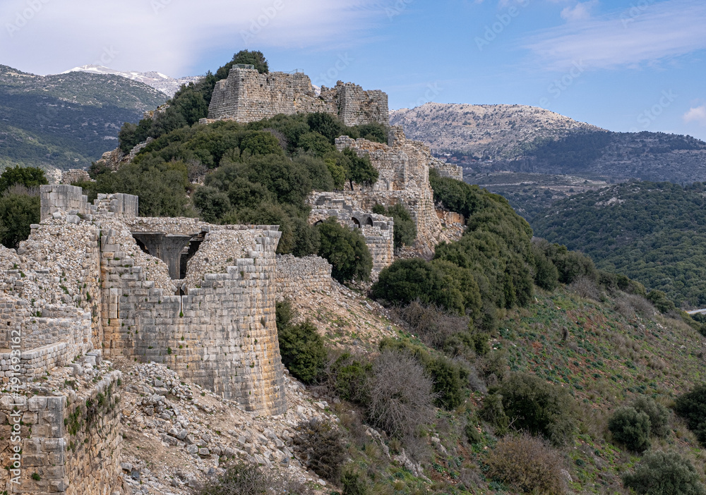 View of the Southern Wall of Nimrod fortress with the Keem and the Beautiful Tower, located in Northern Golan, at the southern slope of Mount Hermon, the biggest Crusader-era castle in Israel	