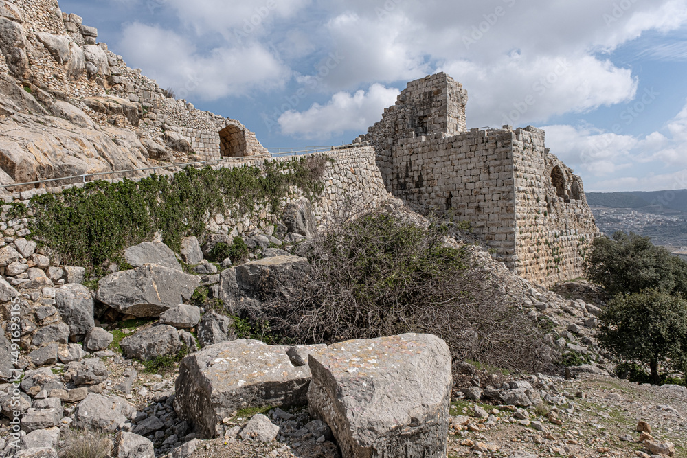 View of the South Western Tower of Nimrod fortress (castle), located in the Northern Golan, at the southern slope of Mount Hermon, the biggest Crusader-era castle in Israel