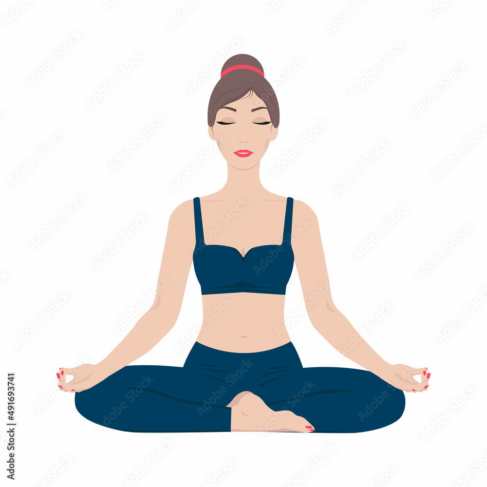 Young woman in lotus position practicing yoga, meditating. Color vector illustration in flat style.
Isolated on white background.