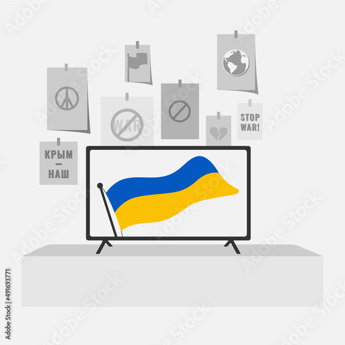 Television news about the war in Ukraine with hanging posters, slogans and the aggressor. Ukrainian victory. Ukranian flag with blue and yellow colors.