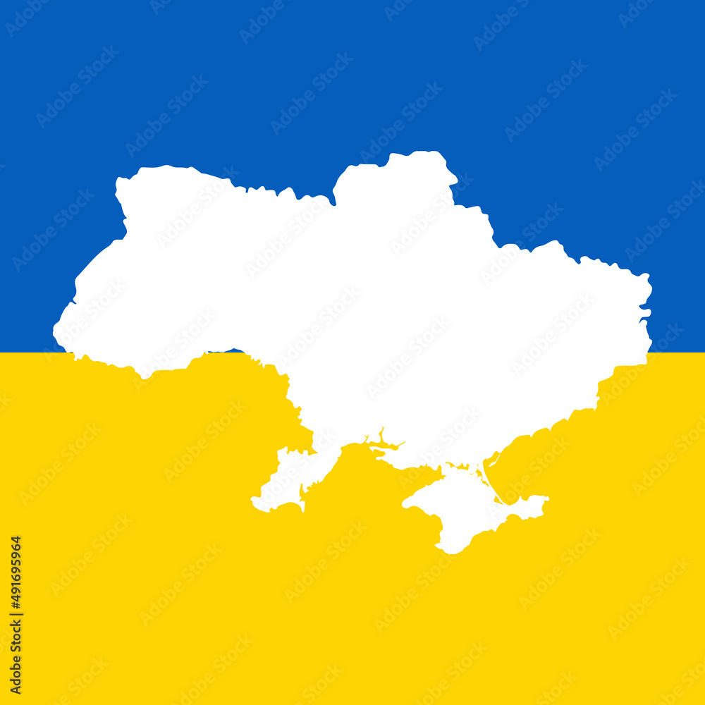 Map of Ukraine isolated vector illustration with its flag on the background.