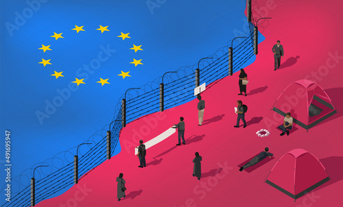 Isometric vector. Tent camp for refugees and migrants on the border with Europe. Barbed wire fence. Flag of the European Union. Rally of people for peace, rights and freedom. hybrid war 