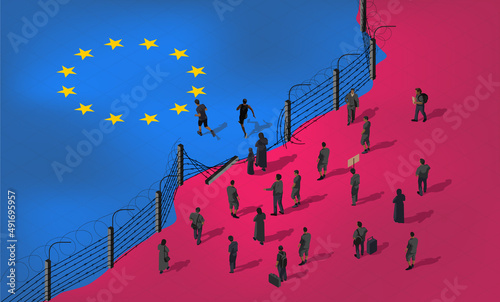 Isometric vector. Illegal crossing of the European border by refugees and migrants. The barbed wire fence is destroyed. Flag of the European Union. Rally of people for rights and freedom. hybrid war