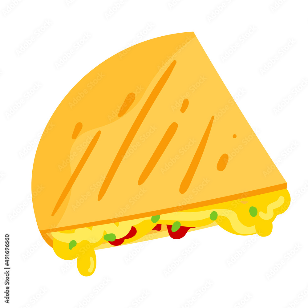 Vector illustration of a piece of mexican tasty quesadilla. Mexican Quesadilla illustration isolated on white Vector illustration of a piece of mexican tasty quesadilla. Mexican Quesadilla illustration isolated on white