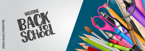School banner or header. Stationery supplies on blue background with lettering. Realistic 3d vector illustration.