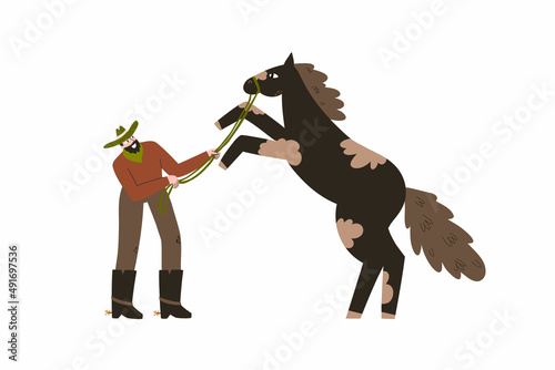 cowboy tames a wild horse. cowboy clothes and shoes. Wild West. vector illustration isolated on white background