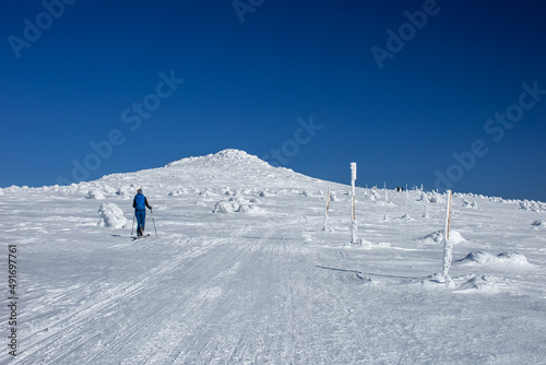 Turysta na nartach na szlaku na Śnieżne Kotły w Karkonoszach photo