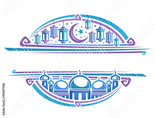 Vector border for Holy Month Ramadan with copy space for text, decorative invitation with illustration of group hanging oil lamps and crescent, masjid with domes and minarets for muslim eid ramadan photo