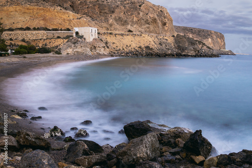 Playa de aguadulce .Almeria . Playa con agua sedosa al atardecer .Camping La Garrofa photo