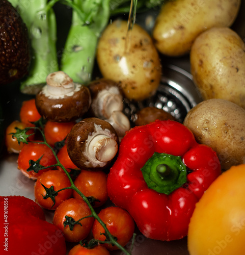 Freshly washed organic homegrown vegetables on the sink. Concept  hygiene  healthy food  vegan  vegetarian lifestyle.