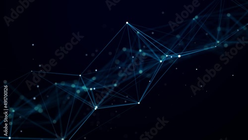 Abstract composition with connecting dots and lines and triangles on the colourful background. Plexus effect. Futuristic polygonal background. Artificial intelligence. Big data technology