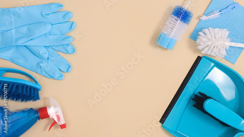 Zero waste cleaning tools composition on pastel beige background with copy space. Flat lay