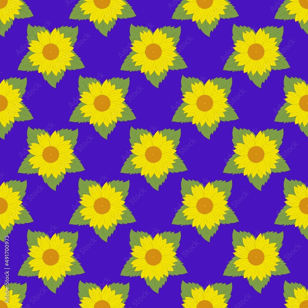 Seamless pattern yellow sunflower on blue background