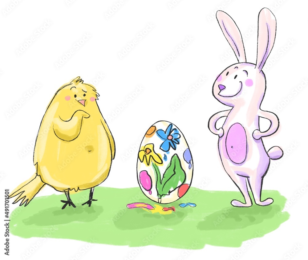 Obraz premium Funny cartoon Easter bunny and a chick with painted egg. Hand drawn kids illustration. Spring traditions. Egg hunt.