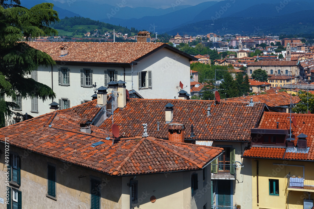 View of the historical buildings in the Bergamo in northern Italy. Bergamo is a city in the alpine Lombardy region.