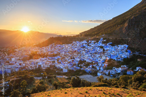 Aerial view of Chefchaouen in Morocco. The city is noted for its buildings in shades of blue and that makes Chefchaouen very attractive to visitors. photo