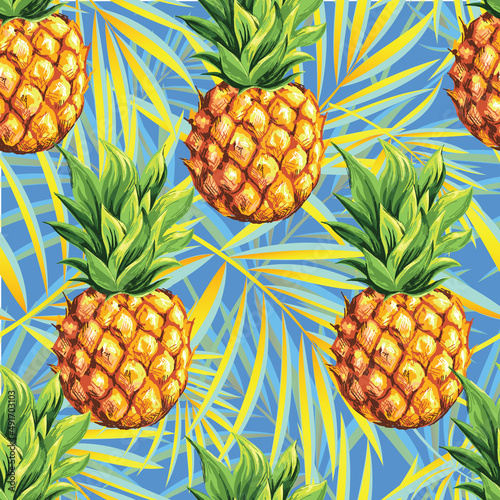 Pineapples with palm trees. Seamless pattern with ripe fresh tropical fruits and branches and leaves of tropical tree plant for print, web design, textile. Vector image. 