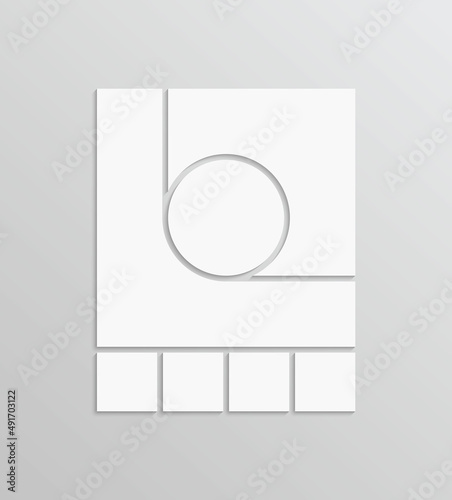 Photo collage template. Moodboard. Mood board background. Mosaic pictures frame. Gallery banner. Album brandboard with circle. Minimalist scrapbook layout. Portfolio images. Vector illustration