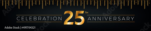 25th anniversary. Twenty-five years birthday celebration horizontal banner with bright golden color.