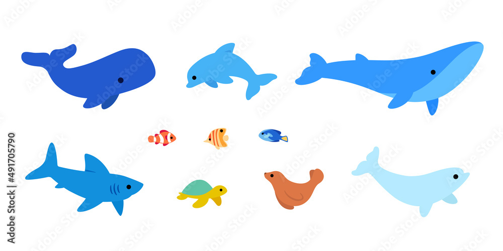 Fototapeta premium Icon set of sea creatures - whale, shark, dolphin, sea lion, turtle, beluga, cachalot and tropical fish. Flat design illustration in cartoon style.