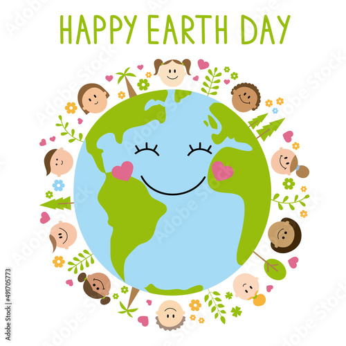Cute planet Earth. Illustration with children, plants, trees and flowers around in Earth.