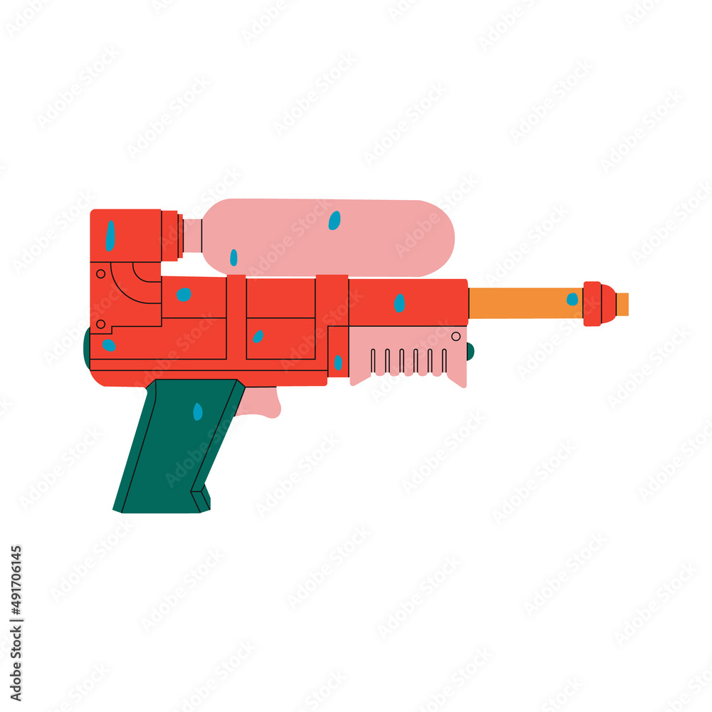 Water Guns and water drops. Children plastic handguns and rayguns for summer games. Weapons, pistols, blasters, laser guns. Hand drawn flat modern Vector illustrations. Songkran festival in Thailand Water Guns and water drops. Children plastic handguns and rayguns for summer games. Weapons, pistols, blasters, laser guns. Hand drawn flat modern Vector illustrations. Songkran festival in Thailand