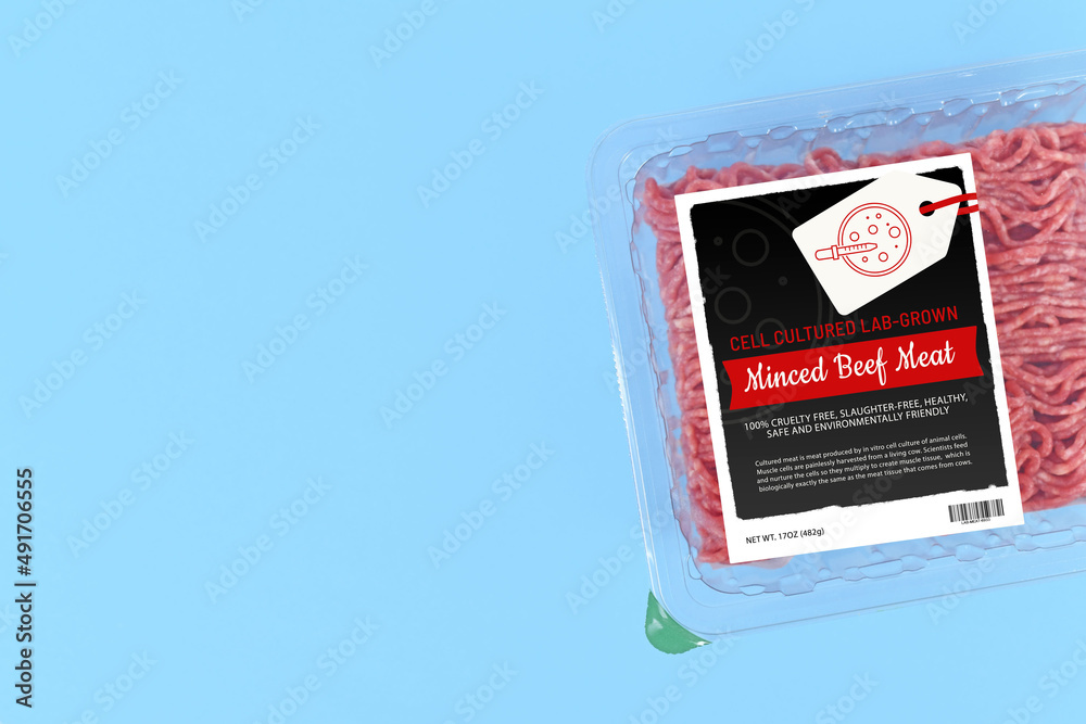 Cell cultured lab grown meat concept for artificial in vitro production with packed raw minced meat with made up labe Cell cultured lab grown meat concept for artificial in vitro production with packed raw minced meat with made up labe