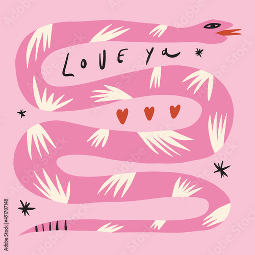 Funky ugly happy Valentines snake, groovy cute comic character. Boho doodle modern print funny handdrawn childish art. Vector EPS and JPG.
