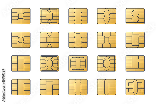 EMV chip gold vector icons. Editable stroke. Set line nfc symbol. Contactless payment at terminals and ATMs. Square computer microchips for credit debit cards. Stock illustration photo