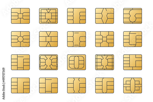 EMV chip gold vector icons. Editable stroke. Set line nfc symbol. Contactless payment at terminals and ATMs. Square computer microchips for credit debit cards. Stock illustration