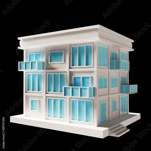White building or modern style 2-floor house model. Architecture  low poly perspective 3d rendering. Blue window. 