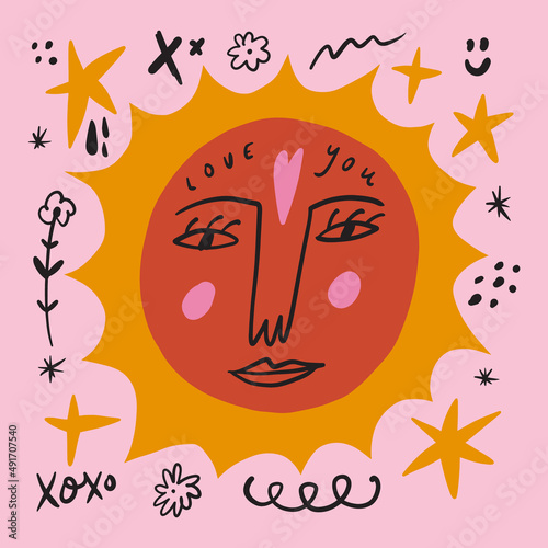 The Moon face Valentines heart card, groovy cute comic character. Boho doodle modern print funny handdrawn childish art. Vector EPS and JPG.