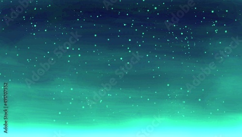 Paint the sky and the glittering stars with a blue and green watercolor background. 