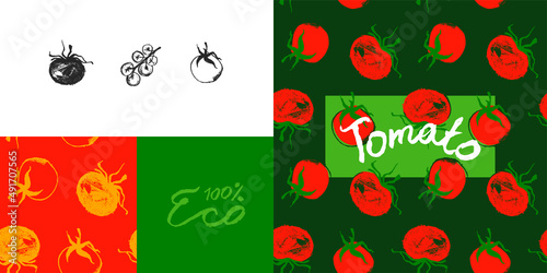 Vector set of design elements with Cherry tomatoes seamless pattern for label tomato paste, agro logo, tomato juice packaging. Hand-drawn vegetarian symbol. Organic vegetable background. Vegan sign.
