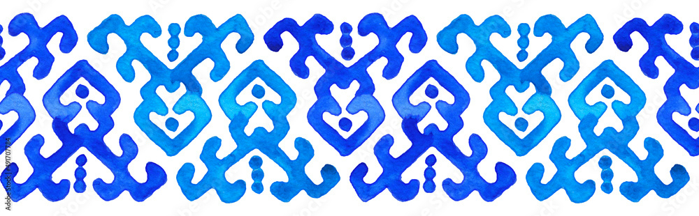 Watercolor Hand Drawn Seamless Blue Ethnic Boho Style Border Pattern Watercolor Hand Drawn Seamless Blue Ethnic Boho Style Border Pattern