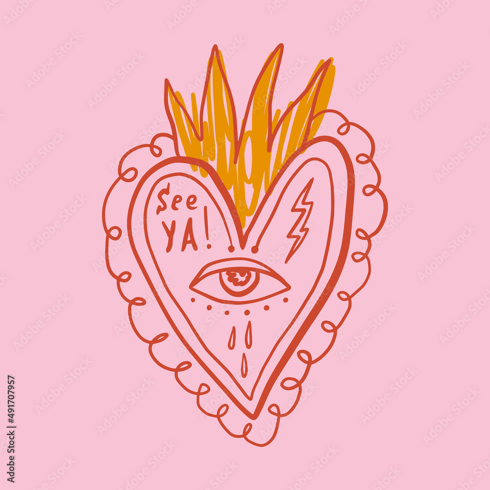 Funky ugly crying Valentines heart, groovy cute comic character. Boho