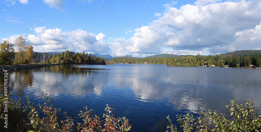 Lake surface reflecting clouds in a sunny