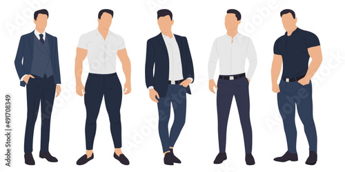 Set with men clothing. A man in a classic suit and casual style. Muscular and slim male body
