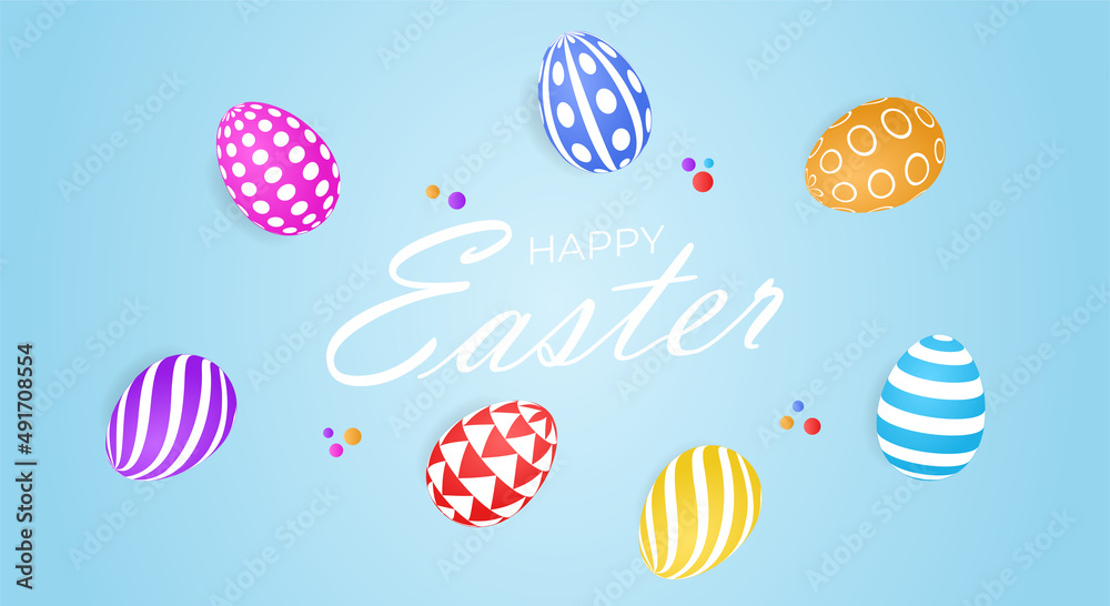Happy easter background. Vector cute poster for Easter Egg Hunt with paper cut chamomiles, colored 3d eggs, paper speech bubble and colorful confetti on blue background. Happy easter background. Vector cute poster for Easter Egg Hunt with paper cut chamomiles, colored 3d eggs, paper speech bubble and colorful confetti on blue background.