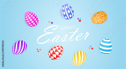 Happy easter background. Vector cute poster for Easter Egg Hunt with paper cut chamomiles, colored 3d eggs, paper speech bubble and colorful confetti on blue background.