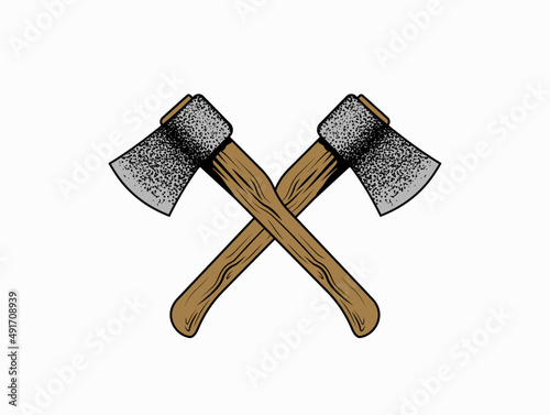 Crossed axes illustration with grunge texture. Two hatchets with brown handle logo. Textured vintage tool vector illustration