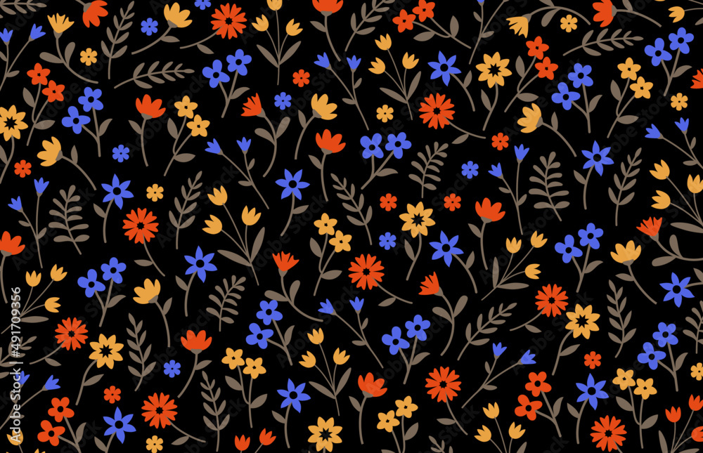 Fototapeta premium Seamless floral pattern. Ditsy background of small flowers and green leaves. Small-scale flowers scattered over a back background. Stock vector for printing on surfaces, fabrics and web design.